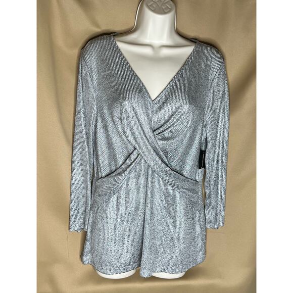 INC Ethereal Silver Criss-Cross Shine Top L NWT - Picture 3 of 6